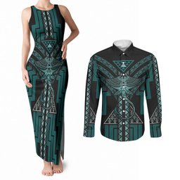 New Zealand Manta Ray Couples Matching Tank Maxi Dress and Long Sleeve Button Shirt Maori Tukutuku Taniko Motifs Teal