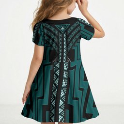 New Zealand Manta Ray Kid Short Sleeve Dress Maori Tukutuku Taniko Motifs Teal