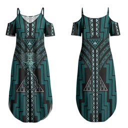 New Zealand Manta Ray Couples Matching Summer Maxi Dress and Long Sleeve Button Shirt Maori Tukutuku Taniko Motifs Teal