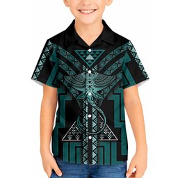 New Zealand Manta Ray Kid Hawaiian Shirt Maori Tukutuku Taniko Motifs Teal