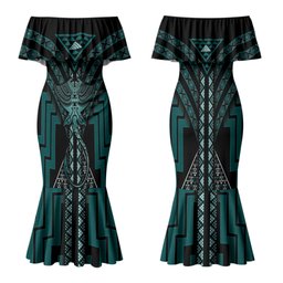 New Zealand Manta Ray Couples Matching Mermaid Dress and Long Sleeve Button Shirt Maori Tukutuku Taniko Motifs Teal