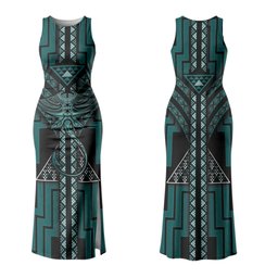New Zealand Manta Ray Couples Matching Tank Maxi Dress and Long Sleeve Button Shirt Maori Tukutuku Taniko Motifs Teal