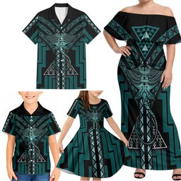 New Zealand Manta Ray Family Matching Off Shoulder Maxi Dress and Hawaiian Shirt Maori Tukutuku Taniko Motifs Teal