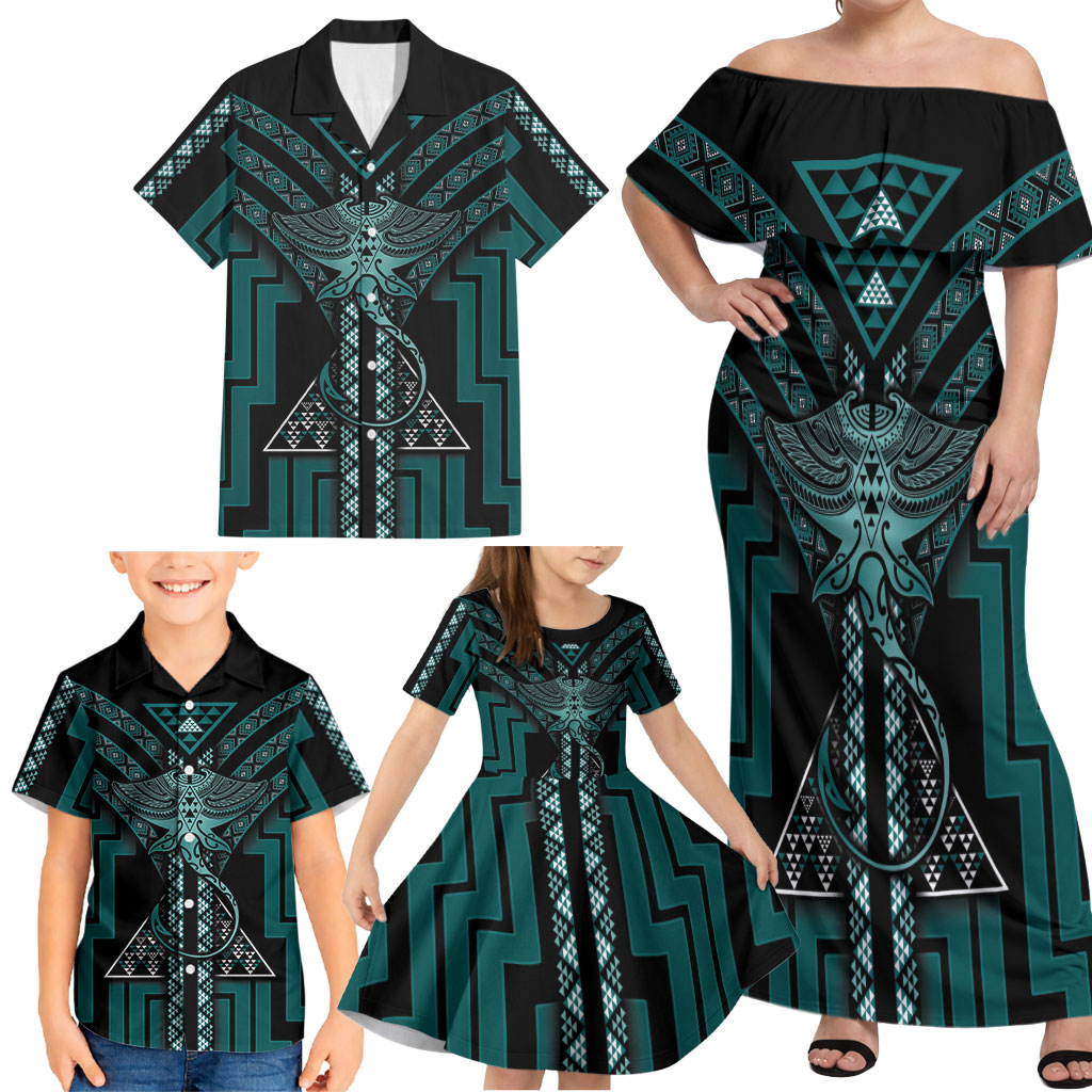 New Zealand Manta Ray Family Matching Off Shoulder Maxi Dress and Hawaiian Shirt Maori Tukutuku Taniko Motifs Teal