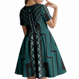 New Zealand Manta Ray Kid Short Sleeve Dress Maori Tukutuku Taniko Motifs Teal