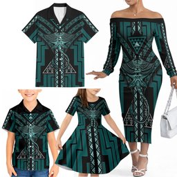 New Zealand Manta Ray Family Matching Off The Shoulder Long Sleeve Dress and Hawaiian Shirt Maori Tukutuku Taniko Motifs Teal