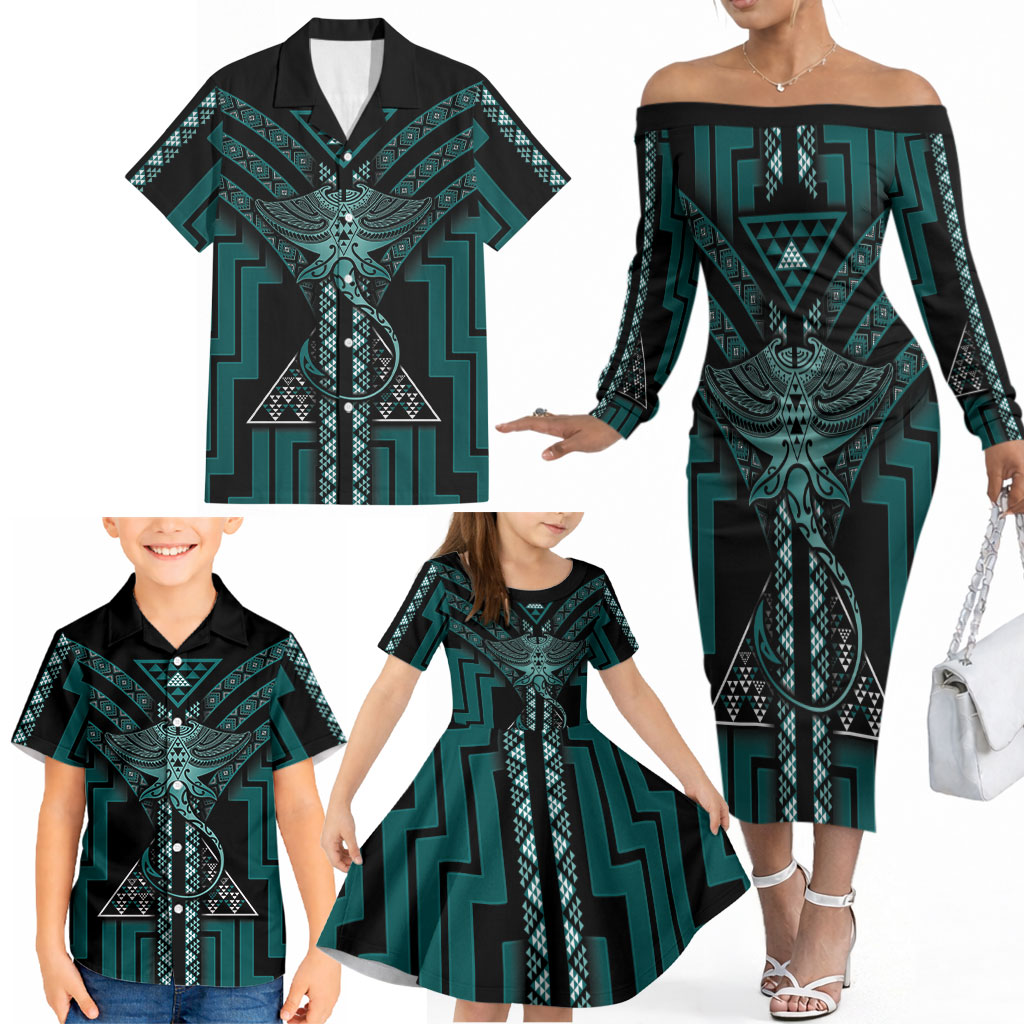 New Zealand Manta Ray Family Matching Off The Shoulder Long Sleeve Dress and Hawaiian Shirt Maori Tukutuku Taniko Motifs Teal