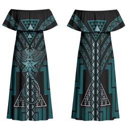New Zealand Manta Ray Family Matching Off Shoulder Maxi Dress and Hawaiian Shirt Maori Tukutuku Taniko Motifs Teal