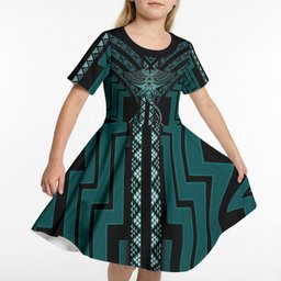 New Zealand Manta Ray Kid Short Sleeve Dress Maori Tukutuku Taniko Motifs Teal