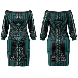 New Zealand Manta Ray Family Matching Off The Shoulder Long Sleeve Dress and Hawaiian Shirt Maori Tukutuku Taniko Motifs Teal