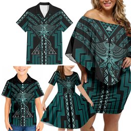 New Zealand Manta Ray Family Matching Off Shoulder Short Dress and Hawaiian Shirt Maori Tukutuku Taniko Motifs Teal