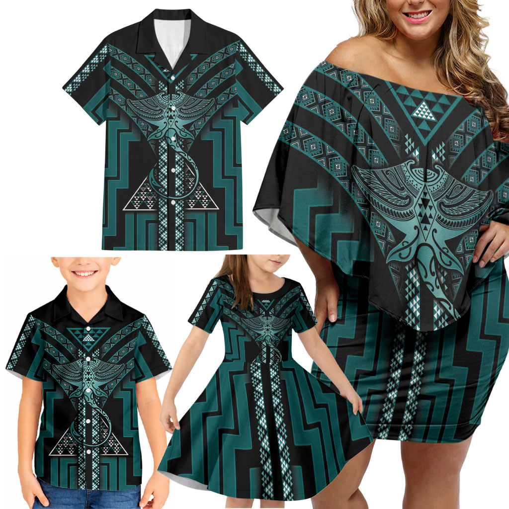 New Zealand Manta Ray Family Matching Off Shoulder Short Dress and Hawaiian Shirt Maori Tukutuku Taniko Motifs Teal