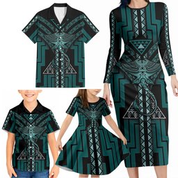 New Zealand Manta Ray Family Matching Long Sleeve Bodycon Dress and Hawaiian Shirt Maori Tukutuku Taniko Motifs Teal