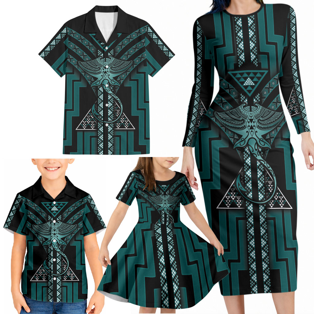 New Zealand Manta Ray Family Matching Long Sleeve Bodycon Dress and Hawaiian Shirt Maori Tukutuku Taniko Motifs Teal