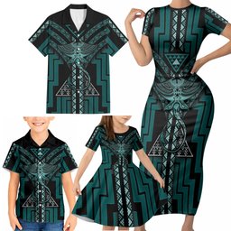 New Zealand Manta Ray Family Matching Short Sleeve Bodycon Dress and Hawaiian Shirt Maori Tukutuku Taniko Motifs Teal