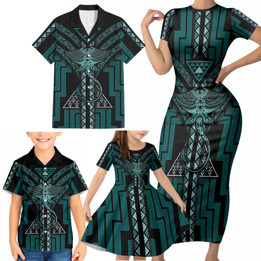 New Zealand Manta Ray Family Matching Short Sleeve Bodycon Dress and Hawaiian Shirt Maori Tukutuku Taniko Motifs Teal