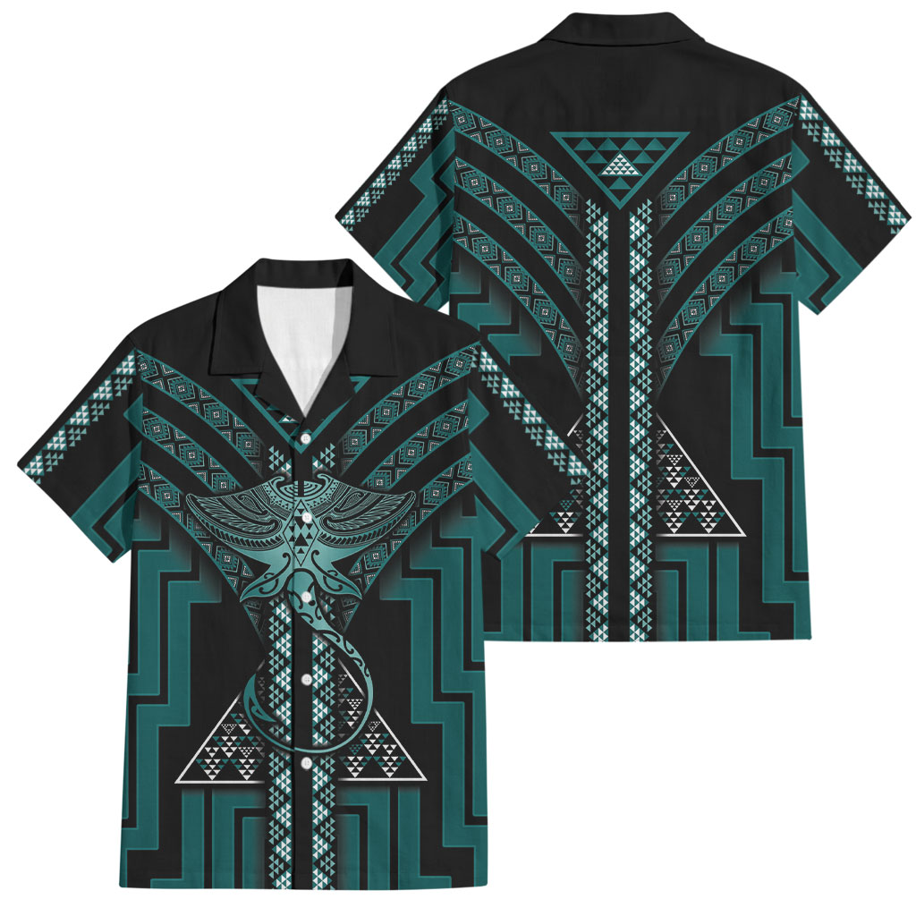 New Zealand Manta Ray Family Matching Long Sleeve Bodycon Dress and Hawaiian Shirt Maori Tukutuku Taniko Motifs Teal