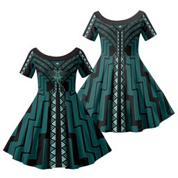 New Zealand Manta Ray Family Matching Off The Shoulder Long Sleeve Dress and Hawaiian Shirt Maori Tukutuku Taniko Motifs Teal