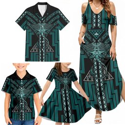 New Zealand Manta Ray Family Matching Summer Maxi Dress and Hawaiian Shirt Maori Tukutuku Taniko Motifs Teal