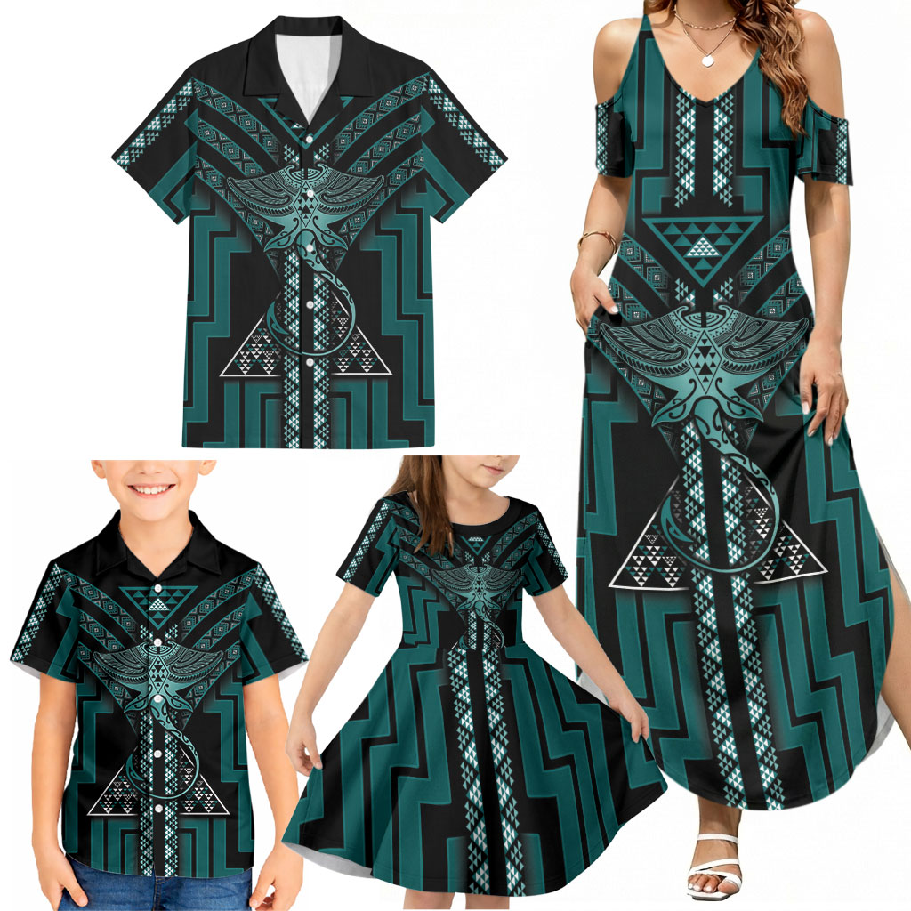 New Zealand Manta Ray Family Matching Summer Maxi Dress and Hawaiian Shirt Maori Tukutuku Taniko Motifs Teal