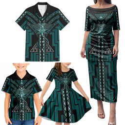 New Zealand Manta Ray Family Matching Puletasi and Hawaiian Shirt Maori Tukutuku Taniko Motifs Teal