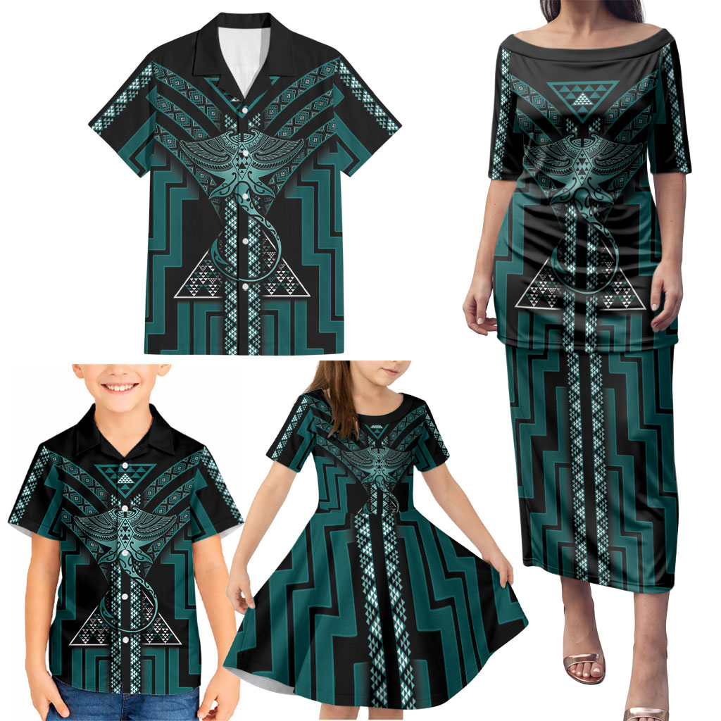 New Zealand Manta Ray Family Matching Puletasi and Hawaiian Shirt Maori Tukutuku Taniko Motifs Teal