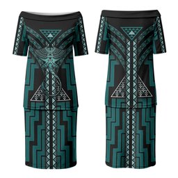 New Zealand Manta Ray Family Matching Puletasi and Hawaiian Shirt Maori Tukutuku Taniko Motifs Teal