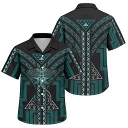 New Zealand Manta Ray Family Matching Short Sleeve Bodycon Dress and Hawaiian Shirt Maori Tukutuku Taniko Motifs Teal