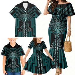 New Zealand Manta Ray Family Matching Mermaid Dress and Hawaiian Shirt Maori Tukutuku Taniko Motifs Teal