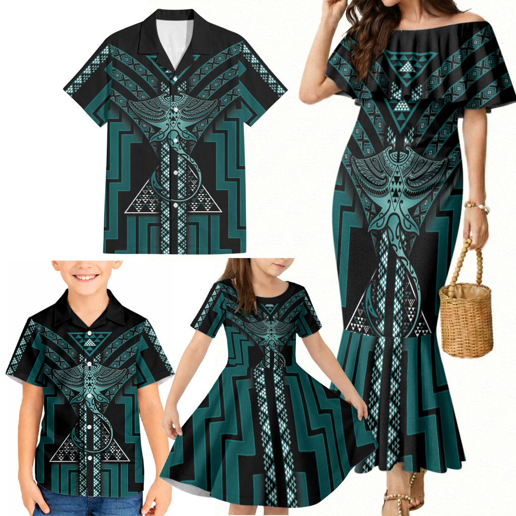 New Zealand Manta Ray Family Matching Mermaid Dress and Hawaiian Shirt Maori Tukutuku Taniko Motifs Teal