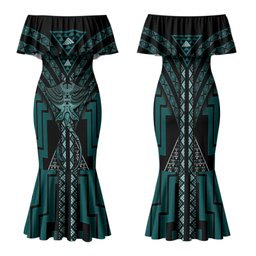 New Zealand Manta Ray Family Matching Mermaid Dress and Hawaiian Shirt Maori Tukutuku Taniko Motifs Teal