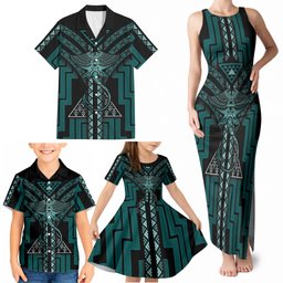 New Zealand Manta Ray Family Matching Tank Maxi Dress and Hawaiian Shirt Maori Tukutuku Taniko Motifs Teal