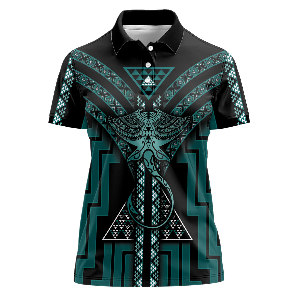 New Zealand Manta Ray Women Polo Shirt Maori Tukutuku Taniko Motifs Teal