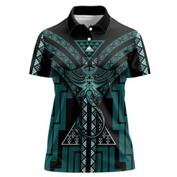 New Zealand Manta Ray Women Polo Shirt Maori Tukutuku Taniko Motifs Teal