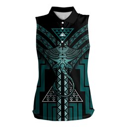 New Zealand Manta Ray Women Sleeveless Polo Shirt Maori Tukutuku Taniko Motifs Teal