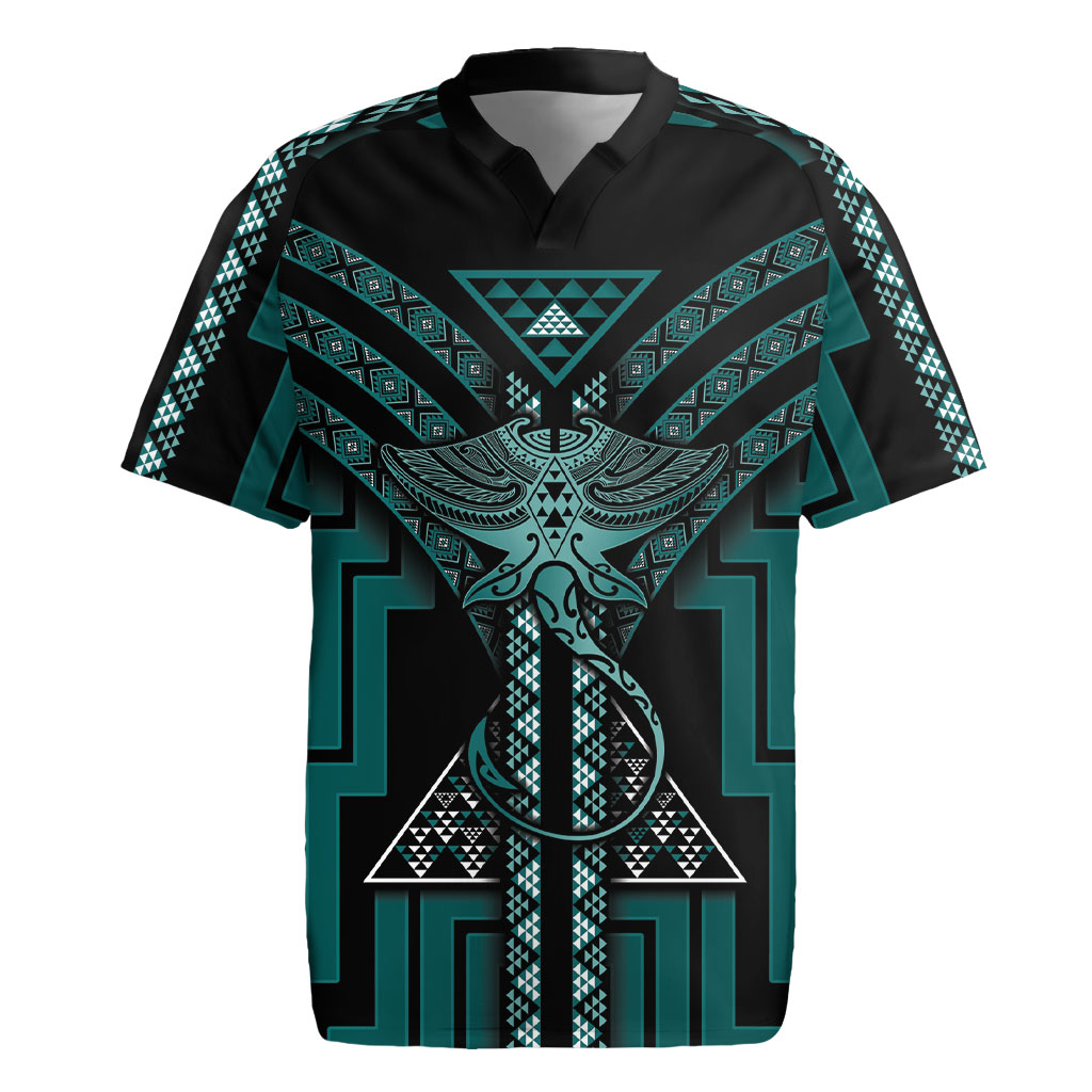 New Zealand Manta Ray Rugby Jersey Maori Tukutuku Taniko Motifs Teal