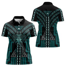 New Zealand Manta Ray Women Polo Shirt Maori Tukutuku Taniko Motifs Teal