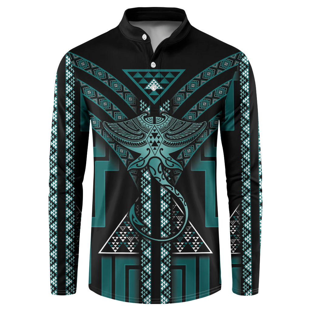 New Zealand Manta Ray Button Sweatshirt Maori Tukutuku Taniko Motifs Teal