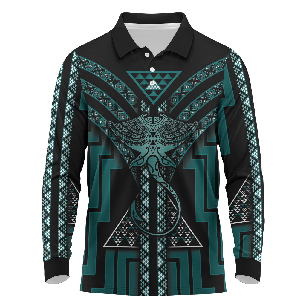 New Zealand Manta Ray Long Sleeve Polo Shirt Maori Tukutuku Taniko Motifs Teal