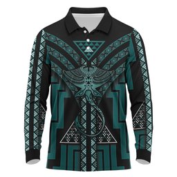 New Zealand Manta Ray Long Sleeve Polo Shirt Maori Tukutuku Taniko Motifs Teal