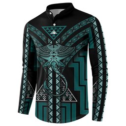 New Zealand Manta Ray Button Sweatshirt Maori Tukutuku Taniko Motifs Teal