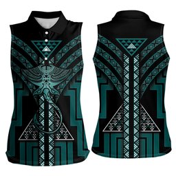 New Zealand Manta Ray Women Sleeveless Polo Shirt Maori Tukutuku Taniko Motifs Teal