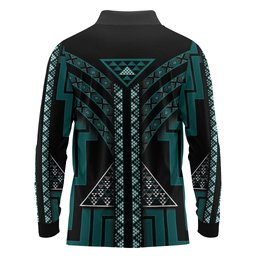 New Zealand Manta Ray Long Sleeve Polo Shirt Maori Tukutuku Taniko Motifs Teal
