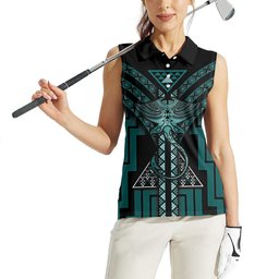 New Zealand Manta Ray Women Sleeveless Polo Shirt Maori Tukutuku Taniko Motifs Teal