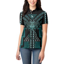 New Zealand Manta Ray Women Polo Shirt Maori Tukutuku Taniko Motifs Teal