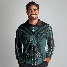 New Zealand Manta Ray Long Sleeve Polo Shirt Maori Tukutuku Taniko Motifs Teal
