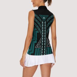 New Zealand Manta Ray Women Sleeveless Polo Shirt Maori Tukutuku Taniko Motifs Teal