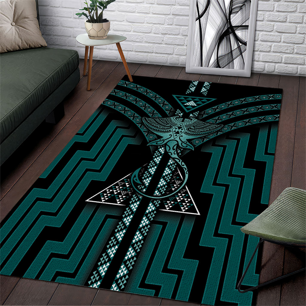 New Zealand Manta Ray Area Rug Maori Tukutuku Taniko Motifs Teal