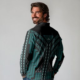 New Zealand Manta Ray Long Sleeve Polo Shirt Maori Tukutuku Taniko Motifs Teal