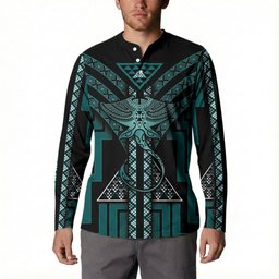 New Zealand Manta Ray Button Sweatshirt Maori Tukutuku Taniko Motifs Teal